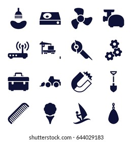 Equipment icons set. set of 16 equipment filled icons such as comb, shower, toolbox, shovel, excavator, electric saw, cargo truck, dvd player, meat grinder, fan, router