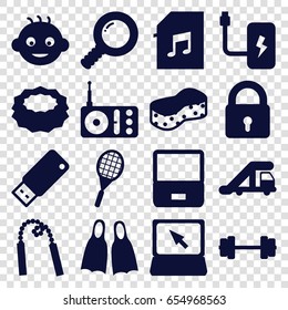 Equipment icons set. set of 16 equipment filled icons such as truck crane, lock, baby, sponge, radio, laptop, memory card with music, usb drive, tennis rocket, flippers