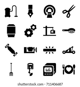 Equipment icons set. set of 16 equipment filled icons such as hair brush, vacuum cleaner, gear, vice clamp, pitchfork, mri, plate with spoon and fork