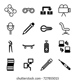 Equipment icons set. set of 16 equipment filled and outline icons such as pliers, thermometer, musical instrument, pencil, camera flash, laptop connection, remote control