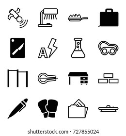 Equipment icons set. set of 16 equipment filled and outline icons such as office desk, pen, chopping board and knife, brick wall, welding glasses, satellite