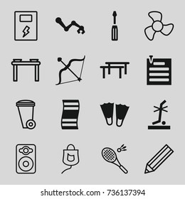 Equipment icons set. set of 16 equipment filled and outline icons such as screwdriver, no standing nearby, bow, paper pin, robot arm, trash bin, pencil, speaker, drop counter