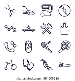 equipment icons set. Set of 16 equipment outline icons such as baby food, child bicycle, vacuum cleaner, hanger, call, saw, lawn mower, medical scissors, CD, chopping board