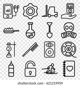 Equipment icons set. set of 16 equipment outline icons such as opened lock, toothbrush, shovel, tractor, notebook with heart, speaker, mp3 player, film tape