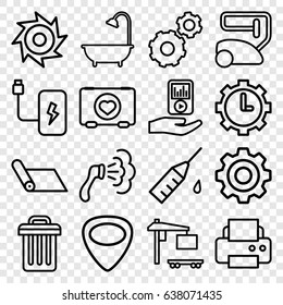 Equipment icons set. set of 16 equipment outline icons such as vacuum cleaner, shower, gear, printer, case with heart, cargo truck, injection rash, guitar mediator