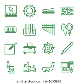 Equipment icons set. set of 16 equipment outline icons such as gear, baby walker, barber chair, sponge, pen, forklift, test tube, harmonica, microphone, paper and pen, stapler
