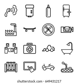 Equipment icons set. set of 16 equipment outline icons such as baby bottle, bike, finger on tablet, shower, clean fridge, vice clamp, excavator, spoon and fork, camera flash