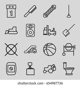 Equipment icons set. set of 16 equipment outline icons such as truck crane, comb, hair curler, dustpan, toilet, no dry cleaning, concrete mixer, excavator, tractor