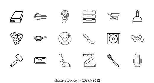 Equipment icons. set of 18 editable outline equipment icons: dustpan, tooth brush, bandage, gong, table box, battery, broken battery, pan, knife, wheel barrow, ear, microphone