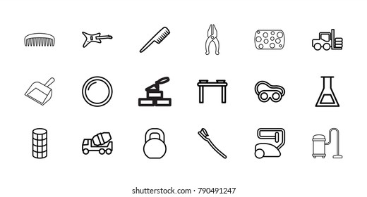 Equipment icons. set of 18 editable outline equipment icons: forklift, comb, hair curler, vacuum cleaner, concrete mixer, welding glasses, guitar, table with plates and pan