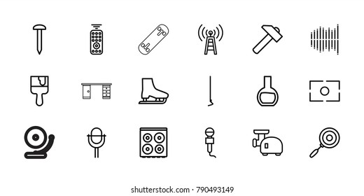 Equipment icons. set of 18 editable outline equipment icons: cooker, nail, hummer, paint brush, hoe, transmitter, microphone, equalizer, camera focus, meat grinder, pan