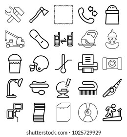 Equipment icons. set of 25 editable outline equipment icons such as bucket, clean brush, call, fishing rod, pepper, man on treadmill, fitness carpet, thermometer