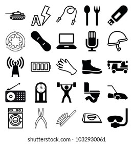 Equipment icons. set of 25 editable filled and outline equipment icons such as truck with hook, underwater mask, fork and spoon, boot, lawn mower, transmitter, snow board