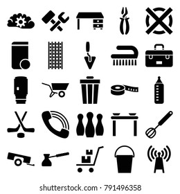 Equipment icons. set of 25 editable filled equipment icons such as baby bottle, clean brush, office desk, pliers, trash bin, table with plates and pan, bucket, transmitter