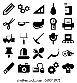 Equipment icons set. set of 25 equipment filled icons such as forklift, pencil, triangle ruler, gear, saw, vice clamp, fork and spoon, scythe, blod pressure tool, siren