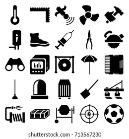 Equipment icons set. set of 25 equipment filled icons such as garden bench, tractor, ruler, dustpan, saw blade, concrete mixer, pliers, hummer, hoe, water hose