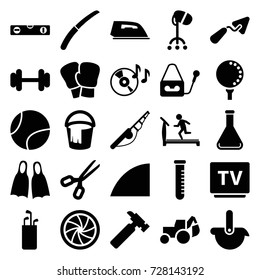 Equipment icons set. set of 25 equipment filled icons such as treadmill, hair dryer, bucket, iron, trowel, hummer, level ruler, excavator, gardening knife, barbell