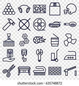 Equipment icons set. set of 25 equipment outline icons such as hair brush, sponge, clean brush, iron, no dry cleaning, wrench, hummer, cart cargo, cargo container