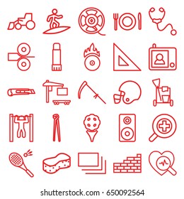 Equipment icons set. set of 25 equipment outline icons such as cleaning tools, sponge, excavator, pliers, scythe, bar   tightening, cargo truck, heartbeat search, stethoscope