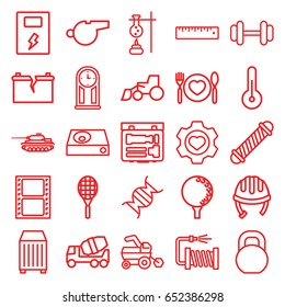 Equipment icons set. set of 25 equipment outline icons such as tractor, helmet, hair curler, concrete mixer, excavator, water hose, barbell, heart in gear, cargo container