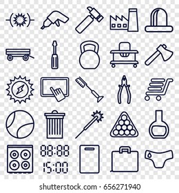 Equipment icons set. set of 25 equipment outline icons such as barrow, factory, children panties, baby walker, billiards, finger on tablet, cutting board, sparklers, trash bin