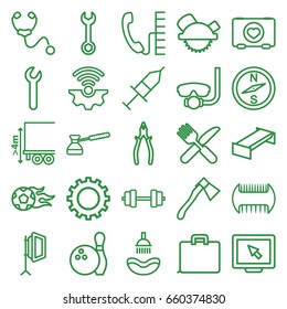 Equipment icons set. set of 25 equipment outline icons such as garden bench, gear, comb, shower, wrench, saw blade, pliers, fork and knife, axe, case with heart, cargo height