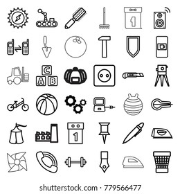 Equipment icons. set of 36 editable outline equipment icons such as gear, vending machine, laptop connection, abc cube, child bicycle, plug socket, hair brush, iron, pin