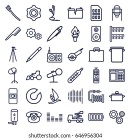 Equipment icons set. set of 36 equipment outline icons such as vending machine, tank, comb, hair dryer, excavator, crane, electric saw, pen, water hose, irrigation system