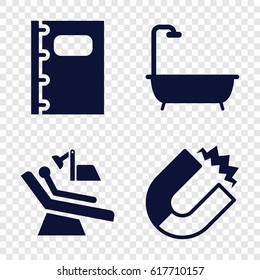 Equipment icons set. set of 4 equipment filled icons such as shower, dental chair, notebook
