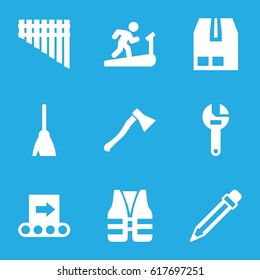 Equipment icons set. set of 9 equipment filled icons such as broom, wrench, cargo container, harmonica, pencil, life vest, conveyor, axe weapon