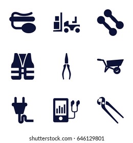 Equipment icons set. set of 9 equipment filled icons such as wheel barrow, pliers, forklift, pin microphone, mp3 player, plug, life vest