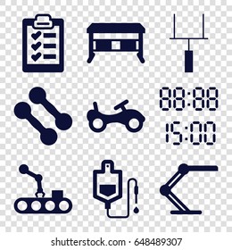 Equipment icons set. set of 9 equipment filled icons such as bike, drop counter, table lamp, clipboard, goal post, conveyor and robot arm, digital time, office desk