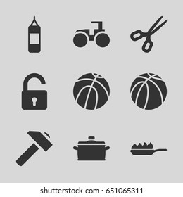 Equipment icons set. set of 9 equipment filled icons such as opened lock, hummer, tractor, basketball, pan, pan-fry, scissors