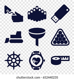 Equipment icons set. set of 9 equipment filled icons such as billiards, tractor, trowel, helm, heartbeat watch, harmonica, usb drive, filter