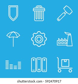 equipment icons set. Set of 9 equipment outline icons such as factory, cargo on cart, equalizer, studio umbrella, knife, trash bin, gear    sign symb, battery