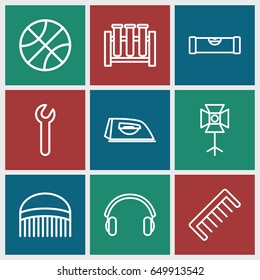 Equipment icons set. set of 9 equipment outline icons such as level ruler, comb, iron, earphones, soft box, wrench, test tube