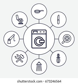 Equipment icons set. set of 9 equipment outline icons such as washing machine, barber chair, pliers, knife, cargo crane, zoom in, shower, pan