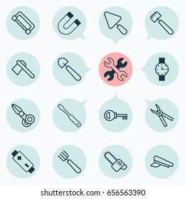 Equipment Icons Set. Collection Of Alkaline, Password, Carpentry And Other Elements. Also Includes Symbols Such As Spanner, Scissors, Pliers.
