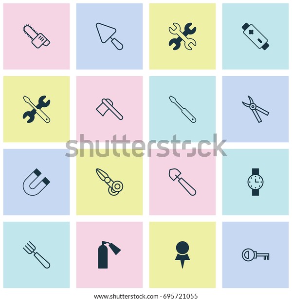 Equipment Icons Set. Collection Of Alkaline,\
Pliers, Clippers And Other Elements. Also Includes Symbols Such As\
Spanner, Screw,\
Clock.