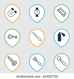 Equipment Icons Set. Collection Of Carpentry, Garden Fork, Firefighter And Other Elements. Also Includes Symbols Such As Cutter, Pitchfork, Clock.