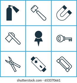 Equipment Icons Set. Collection Of Carpentry, Attraction, Firefighter And Other Elements. Also Includes Symbols Such As Attraction, Battery, Password.