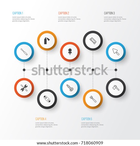 Equipment Icons Set. Collection Of Carpentry, Turn Screw, Garden Fork And Other Elements. Also Includes Symbols Such As Pin, Pitchfork, Fire.