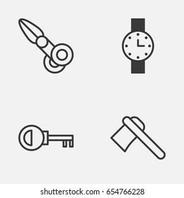 Equipment Icons Set. Collection Of Clippers, Timer, Password And Other Elements. Also Includes Symbols Such As Tomahawk, Password, Clock.