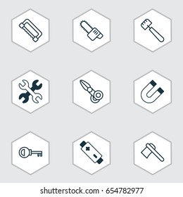 Equipment Icons Set. Collection Of Clippers, Alkaline, Attraction And Other Elements. Also Includes Symbols Such As Spud, Alkaline, Chainsaw.