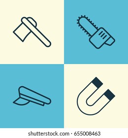 Equipment Icons Set. Collection Of Cop Cap, Gasoline Cutter, Tomahawk And Other Elements. Also Includes Symbols Such As Cap, Magnet, Chainsaw.
