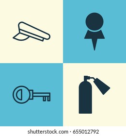Equipment Icons Set. Collection Of Cop Cap, Location, Firefighter And Other Elements. Also Includes Symbols Such As Password, Hat, Firefighter.