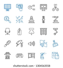 equipment icons set. Collection of equipment with detergent, tools and utensils, drawer, crepe maker, gym, dustpan, scissors, speaker, trowel. Editable and scalable equipment icons.