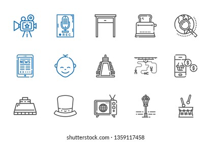 equipment icons set. Collection of equipment with drum, street lamp, tv, hat, hood, smartphone, industrial robot, weight, baby, tablet. Editable and scalable equipment icons.