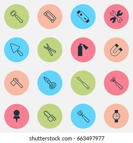 Equipment Icons Set. Collection Of Firefighter, Tomahawk, Clippers And Other Elements. Also Includes Symbols Such As Pruning, Chainsaw, Cutter.