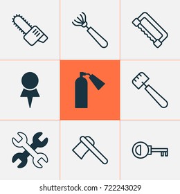 Equipment Icons Set. Collection Of Firefighter, Spatula, Spanner And Other Elements. Also Includes Symbols Such As Harrow, Spatula, Trowel.